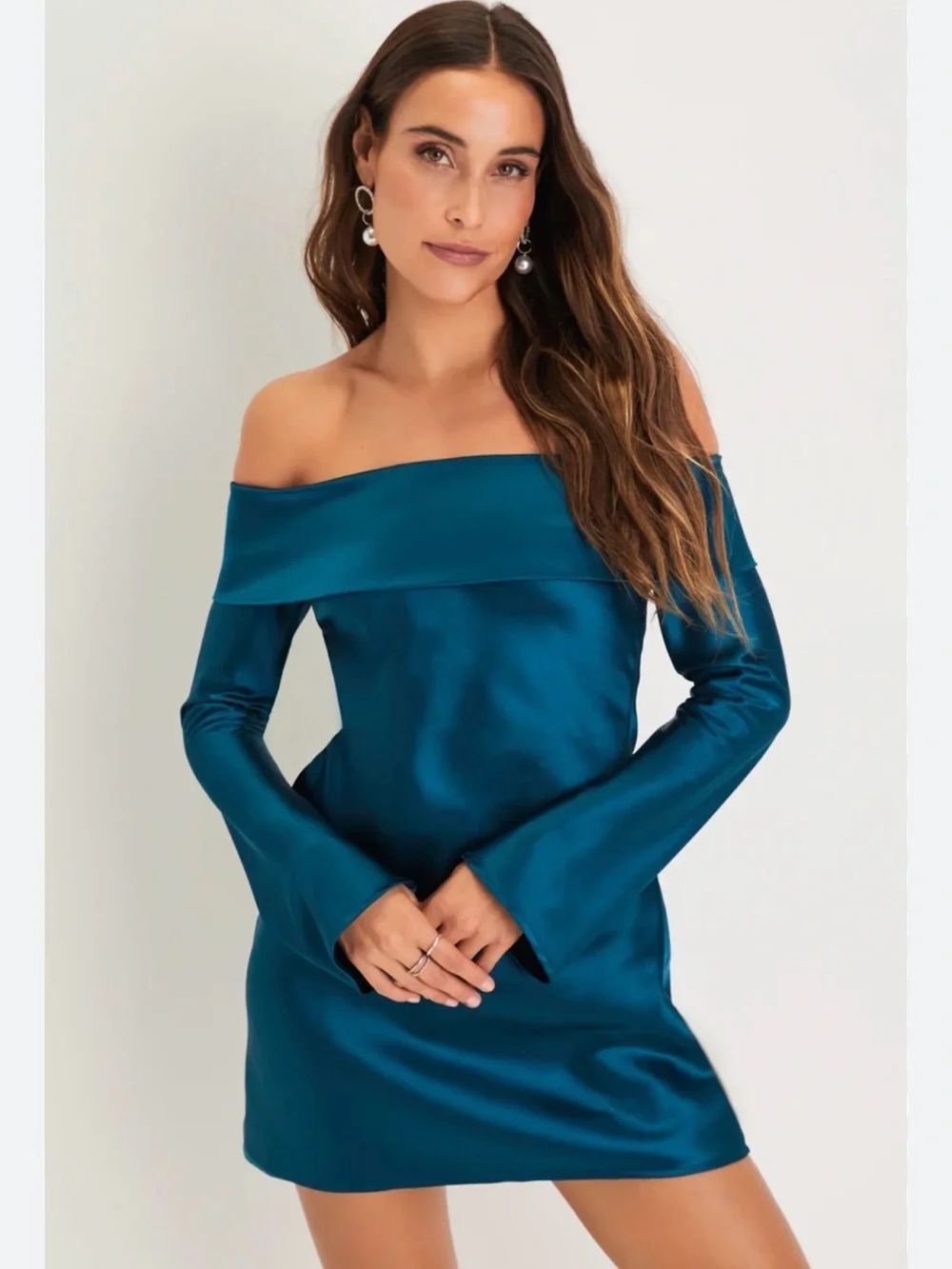 Lulus Luxurious Vision Teal Satin Off-the-Shoulder Mini Dress NWT Size Small